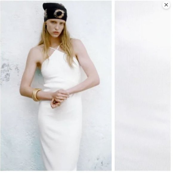 Zara White Ribbed Halter Neck Midi Dress NWT White Small - Picture 2 of 5